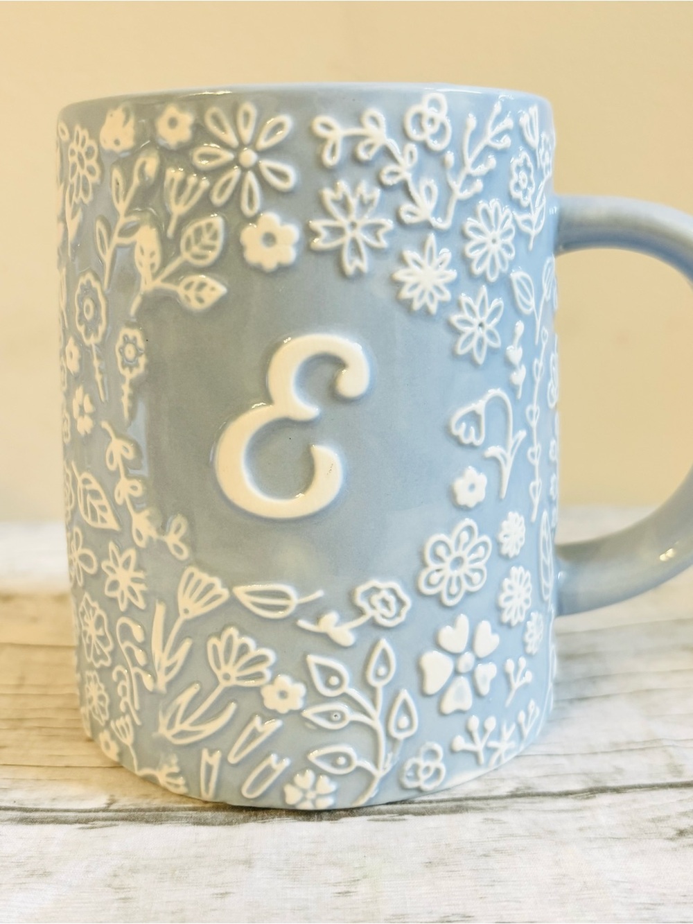 Modern Expressions Pastel Blue/White Floral Embossed Monogram "E" Ceramic Mug